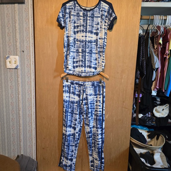 Lucky Brand Pajamas 2pc Lounge Set Women S Blue Tie Dye Short Sleeve Pants - Picture 2 of 6